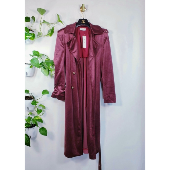 New ASOS x ELVI Burgundy Velvet Trench Coat 12 - Picture 3 of 16